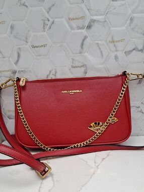 Karl Lagerfeld Red Leather Crossbody with Gold Chain Accent